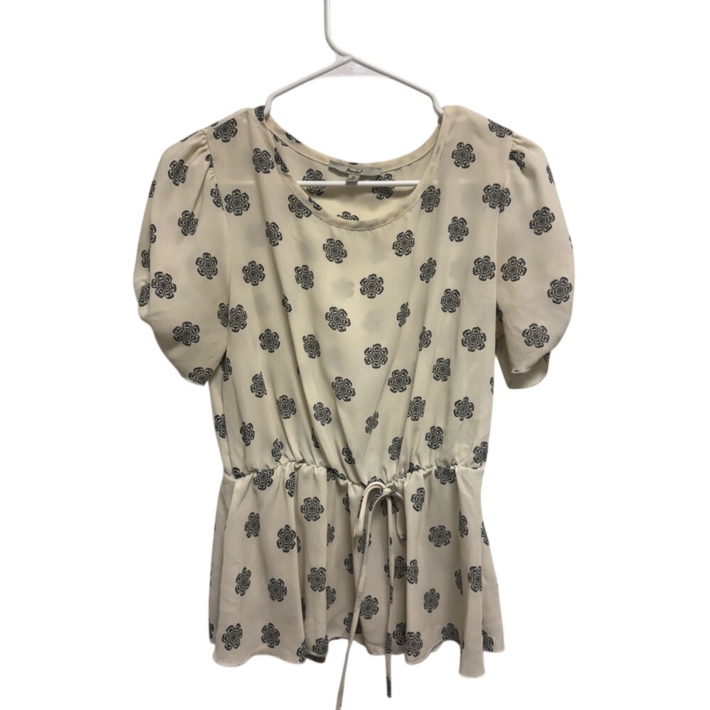 Papaya Cream Black Floral Peplum Drawstring Waist Short Sleeve Top Womens Medium